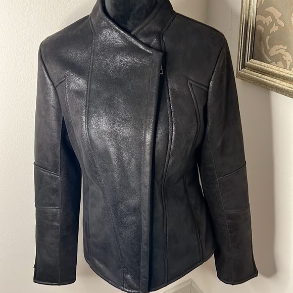 CACHE Moto jacket bomber faux leather faux fur lined Sz M - Picture 2 of 10